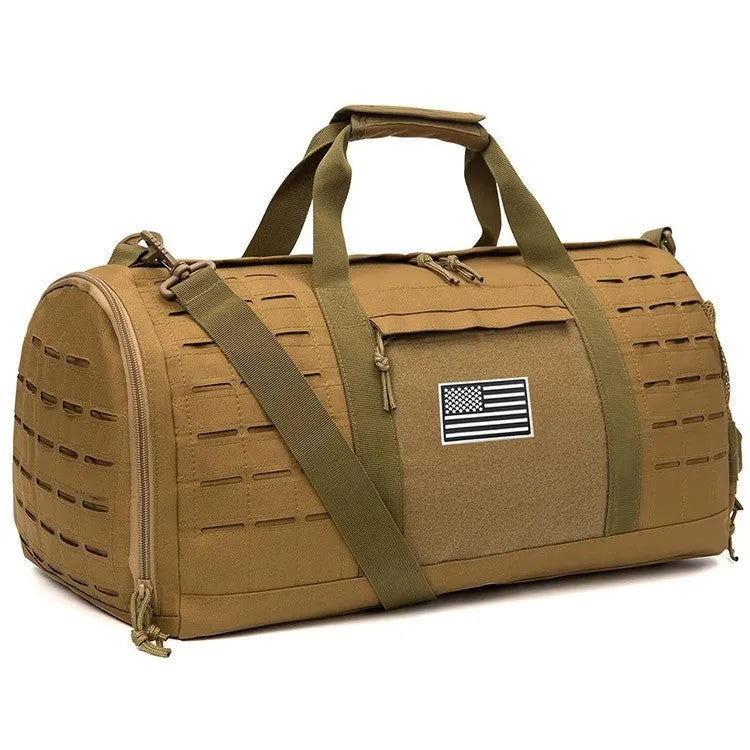 Men's khaki waterproof Oxford cloth sports handbag with air pillow belt, showing size of 56x26x25cm