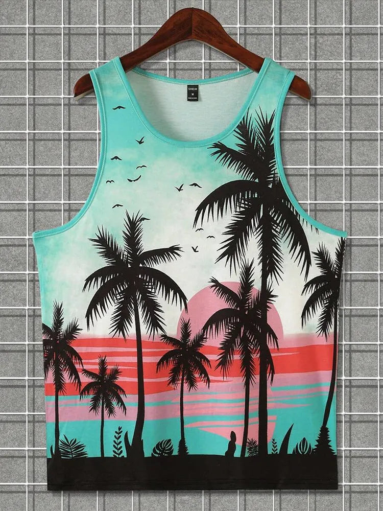 Men's 3D printed Hawaiian style sleeveless vest in solid colour with comprehensive sizing options