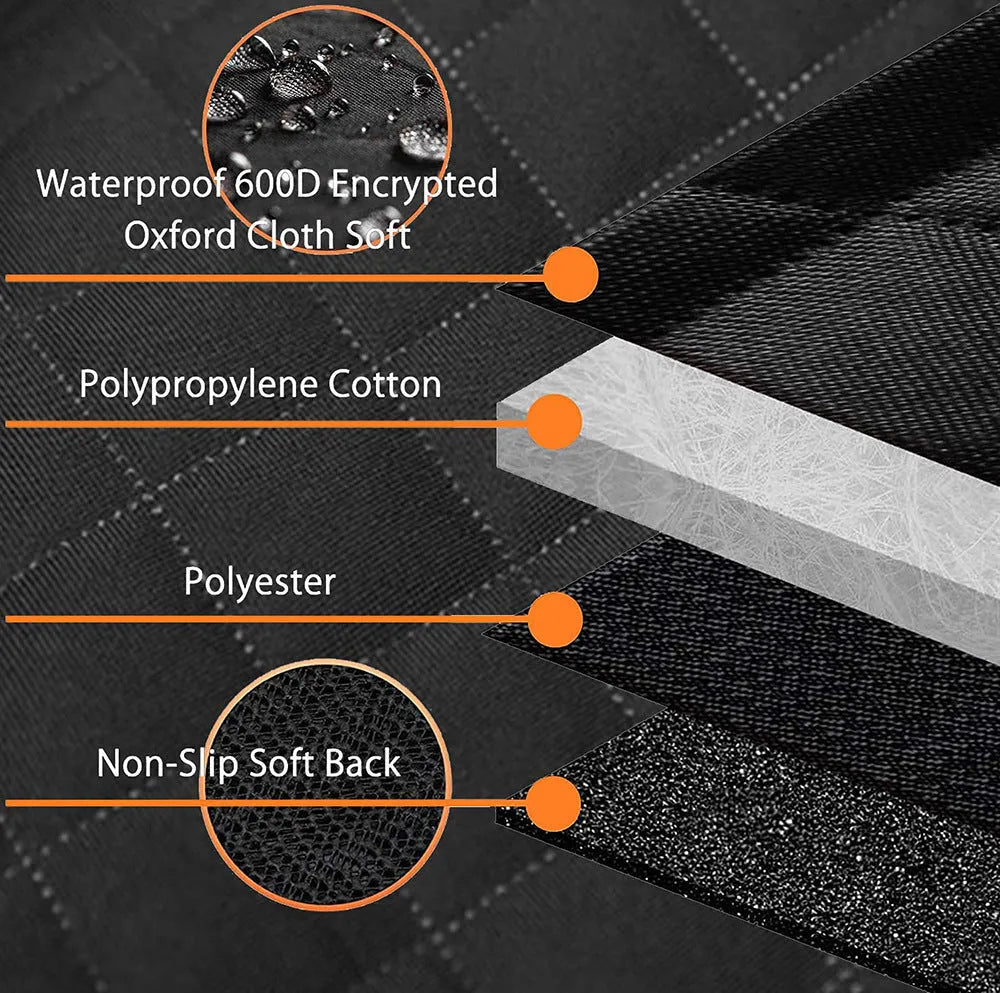 Black and orange waterproof pet car seat cover with mesh window and accessory pocket