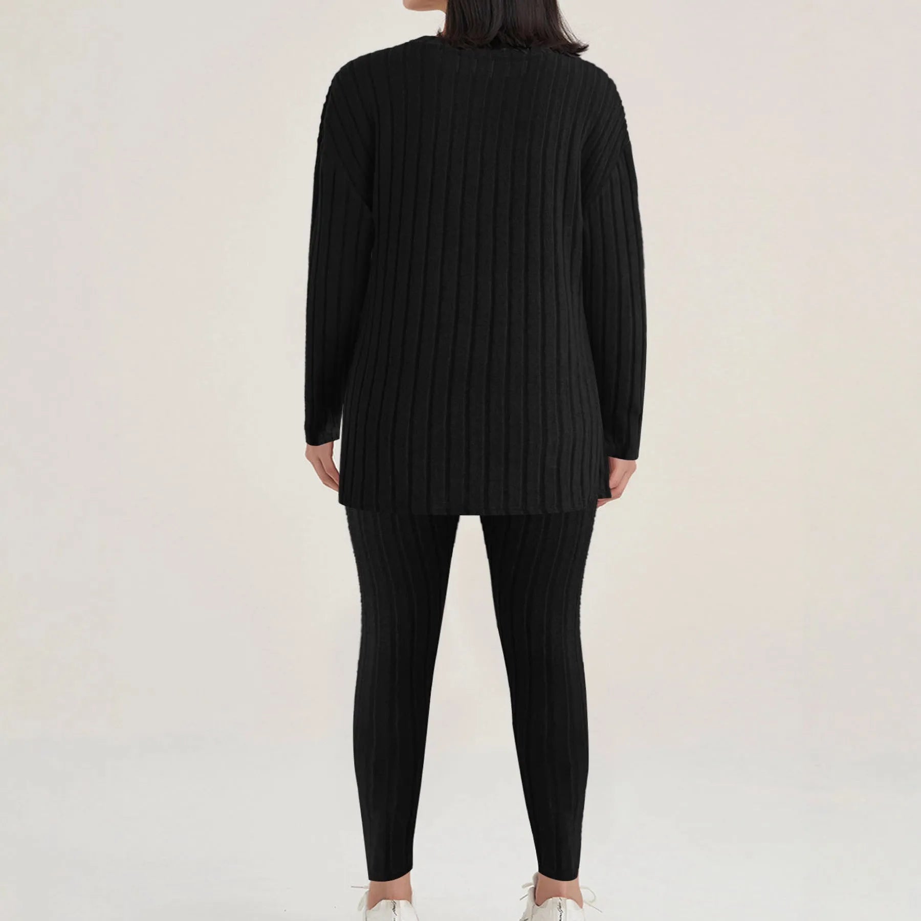 Women's black sunken stripe two-piece casual homewear set with regular sleeves