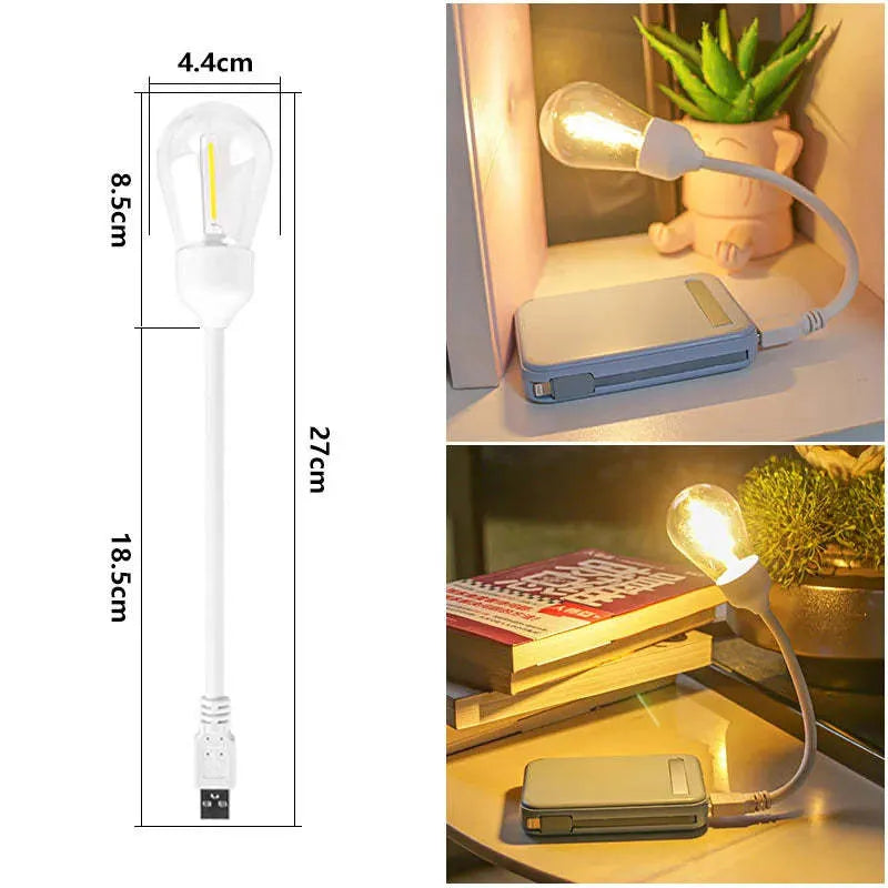 A folding USB rechargeable night light with a glowing tungsten filament S14 LED bulb.