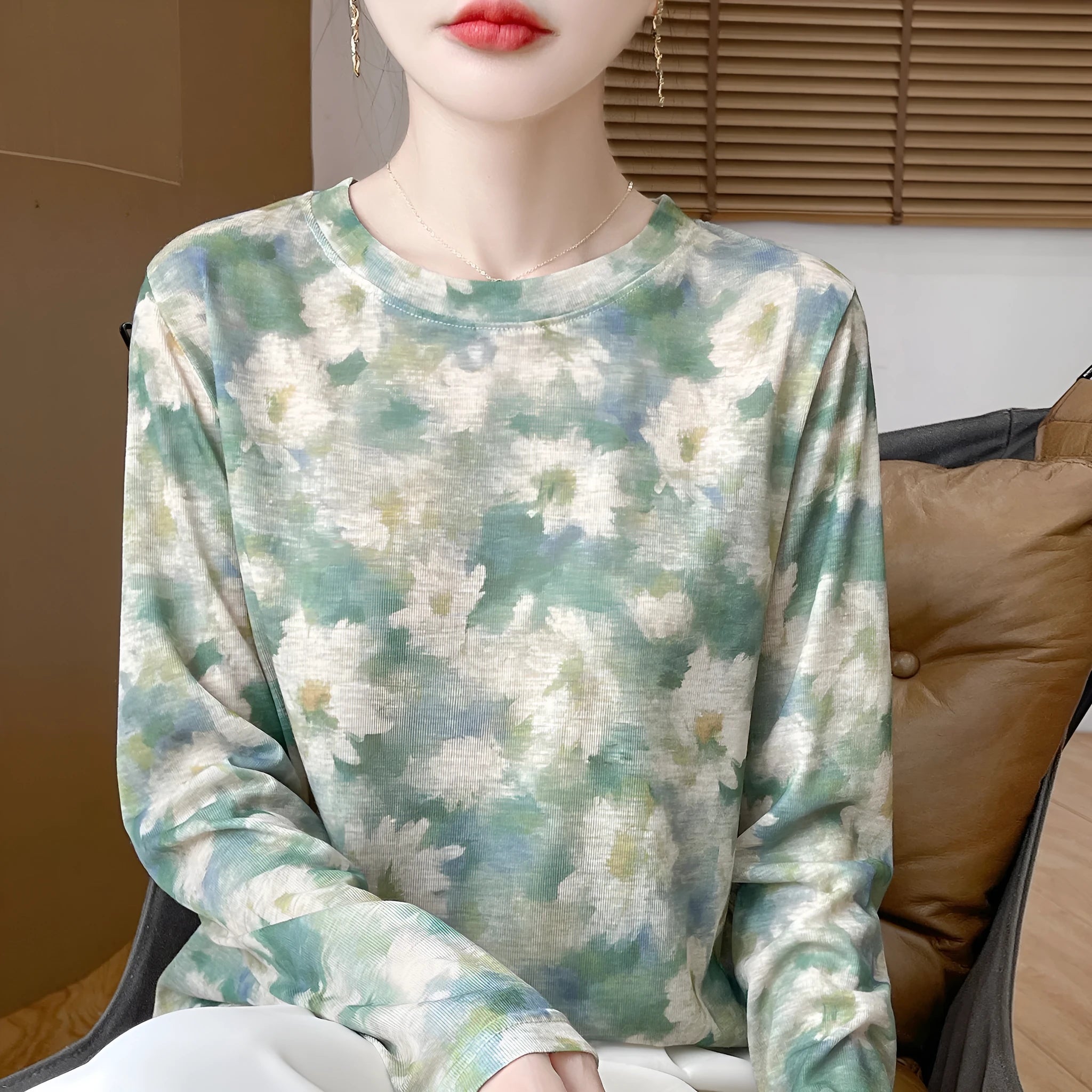 Women's round neck Tencel cotton pullover shirt with floral print, shown in a basic style with regular sleeves.
