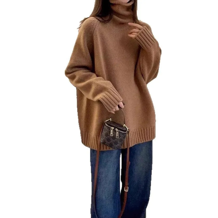 Women's loose red turtleneck sweater with thick curling pile collar, casual style.