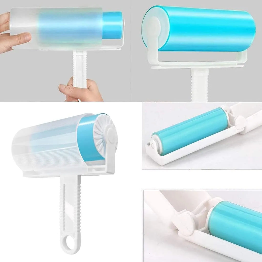 Blue washable reusable lint roller with cover for removing pet hair from clothes and furniture.