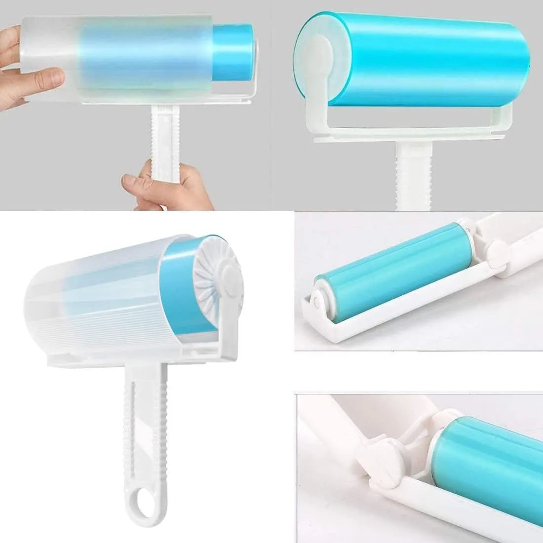 Blue washable reusable lint roller with cover for removing pet hair from clothes and furniture.