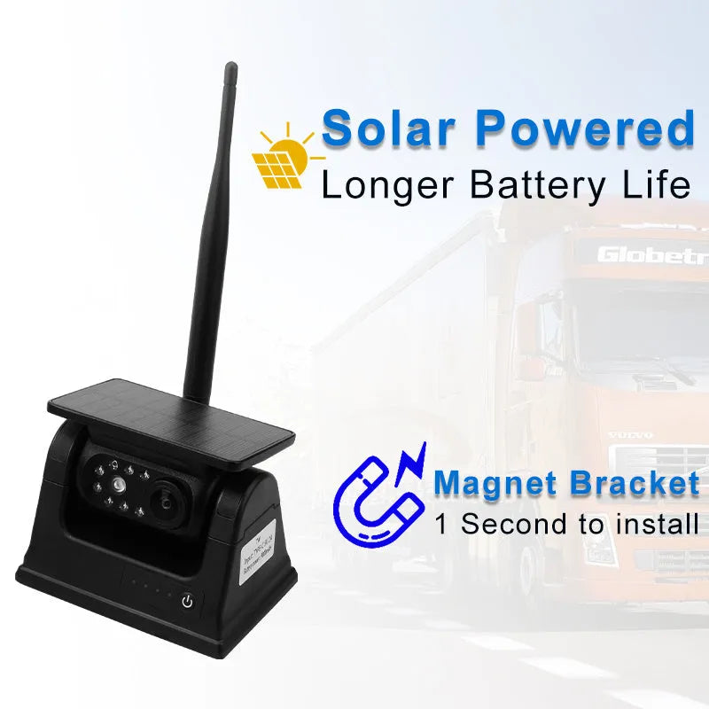 YL-Solar WF908 black wireless solar charging reversing camera with magnet mount on a vehicle.