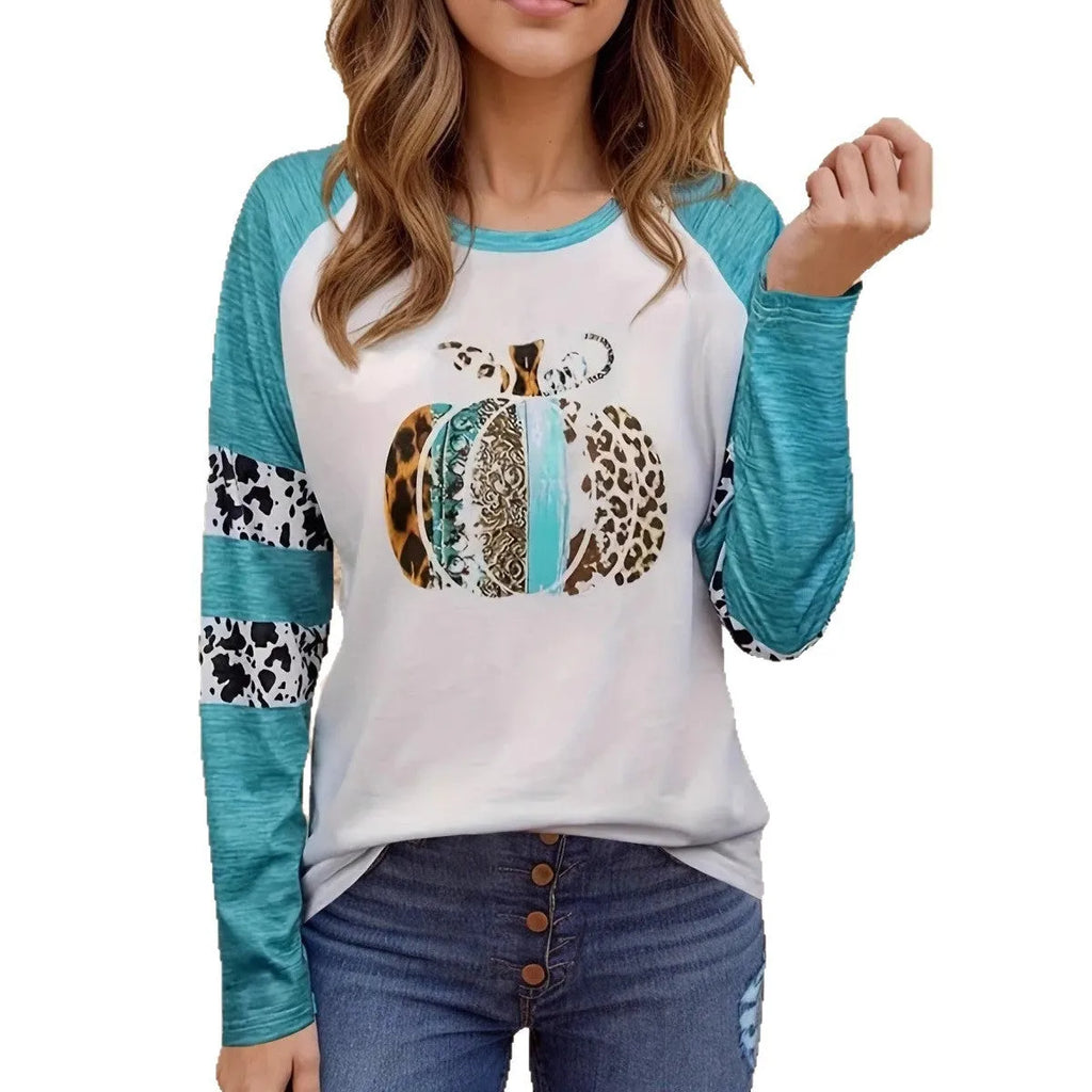 White Halloween T-shirt with 3D printed pumpkin graphic in sky blue, long sleeves