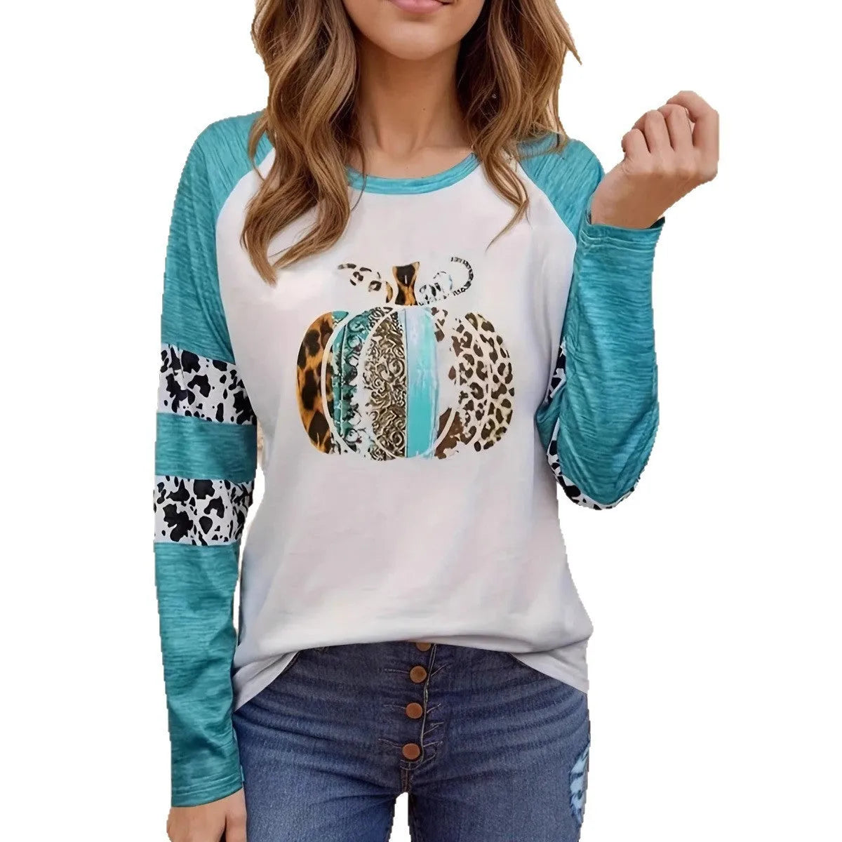 White Halloween T-shirt with 3D printed pumpkin graphic in sky blue, long sleeves