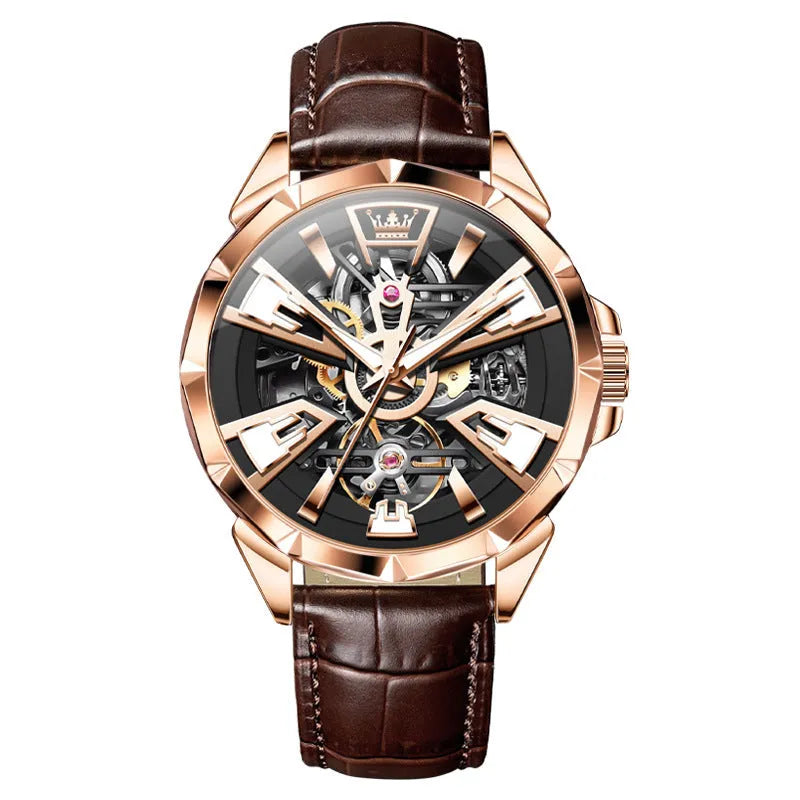 Automatic mechanical watch for men with skeleton dial, stainless steel case, and brown leather strap.