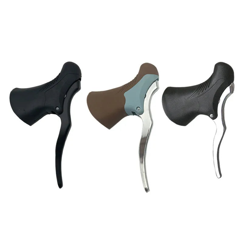 Pair of aluminium alloy road bicycle brake handles in black and black silver finishes.