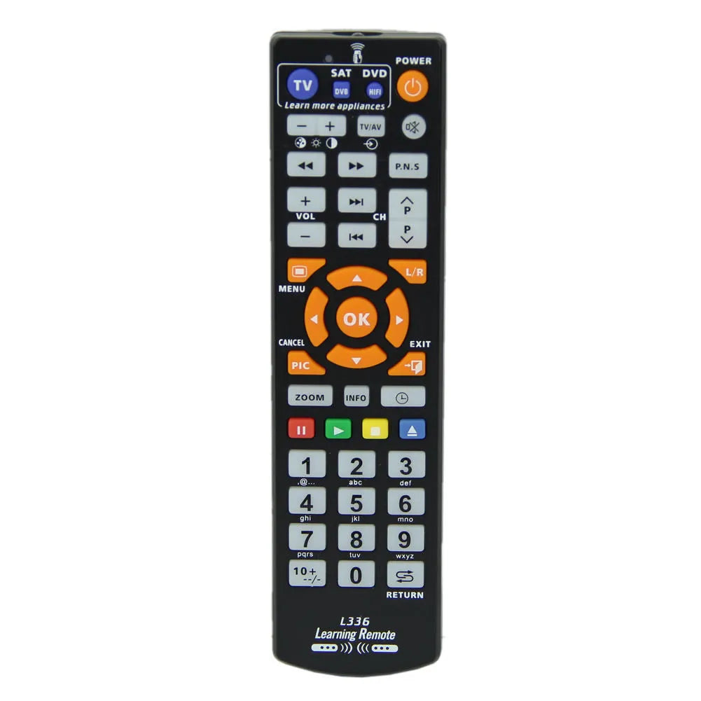 Black L336 learning remote control with full button layout for universal infrared device control