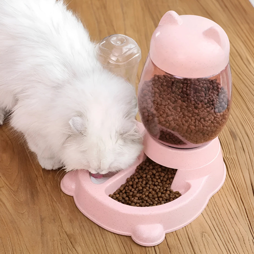 Automatic cat and dog food feeder with blue water dispenser and food tank on a wooden floor