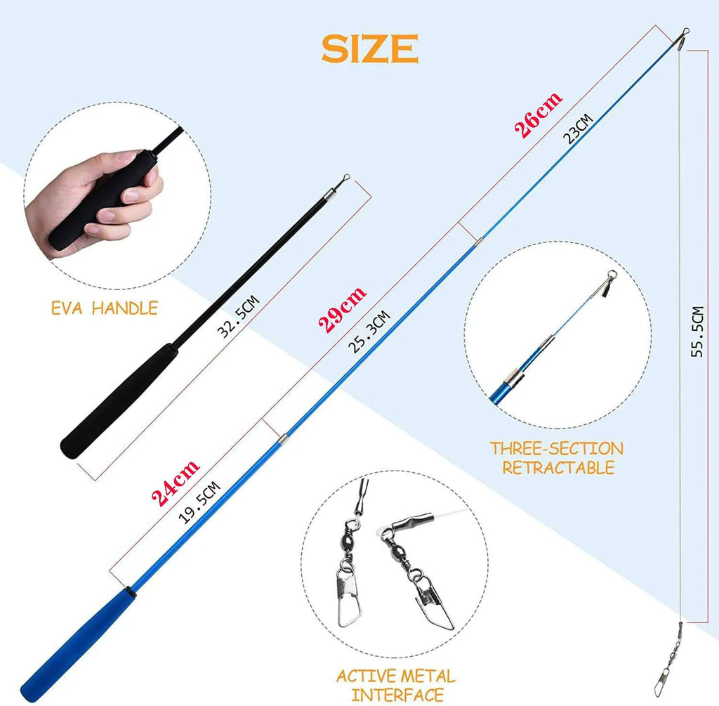 Cat teasing pole toy set showing two handheld fishing rod wands and assorted feather replacement heads.