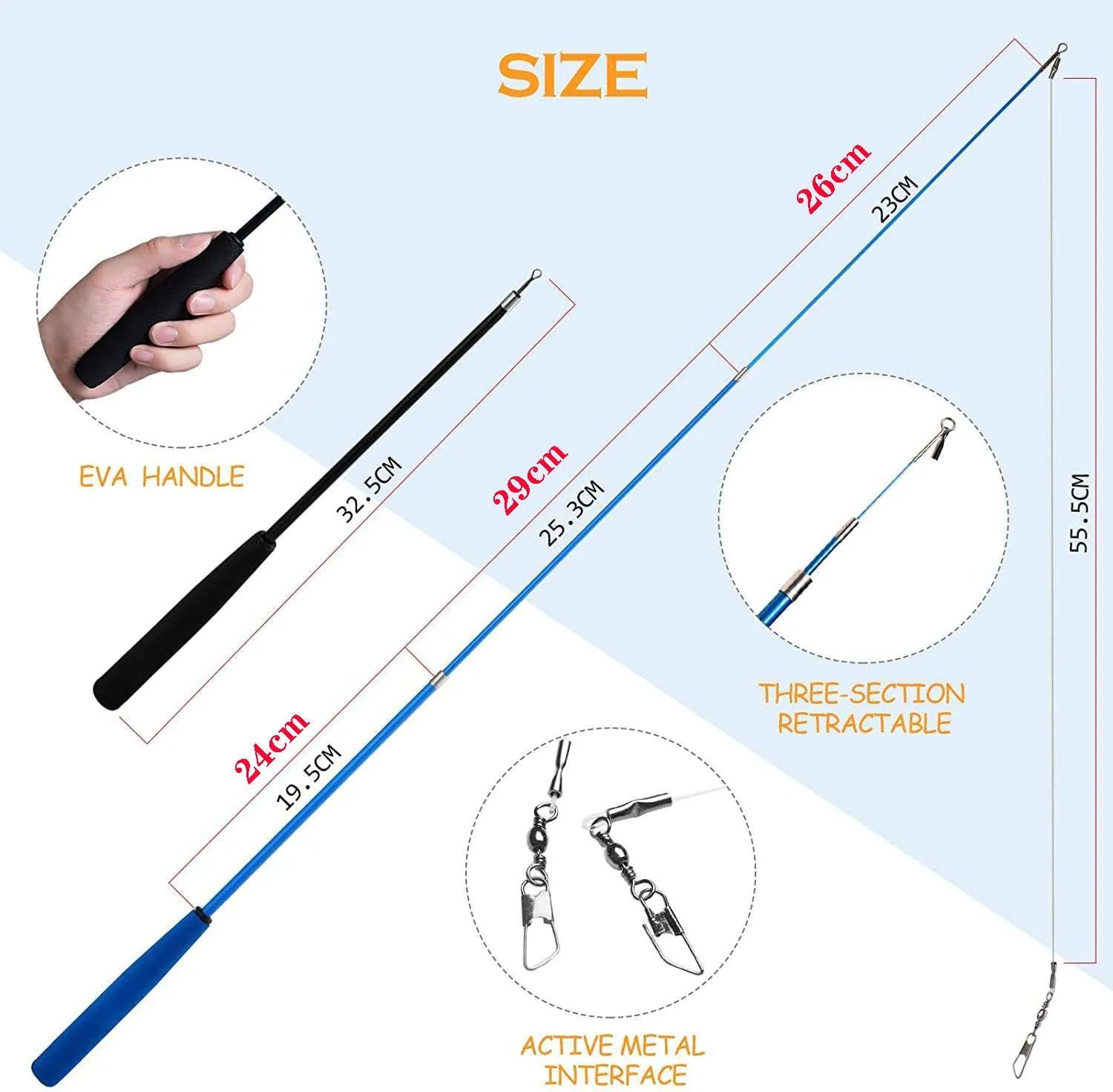 Cat teasing pole toy set showing two handheld fishing rod wands and assorted feather replacement heads.