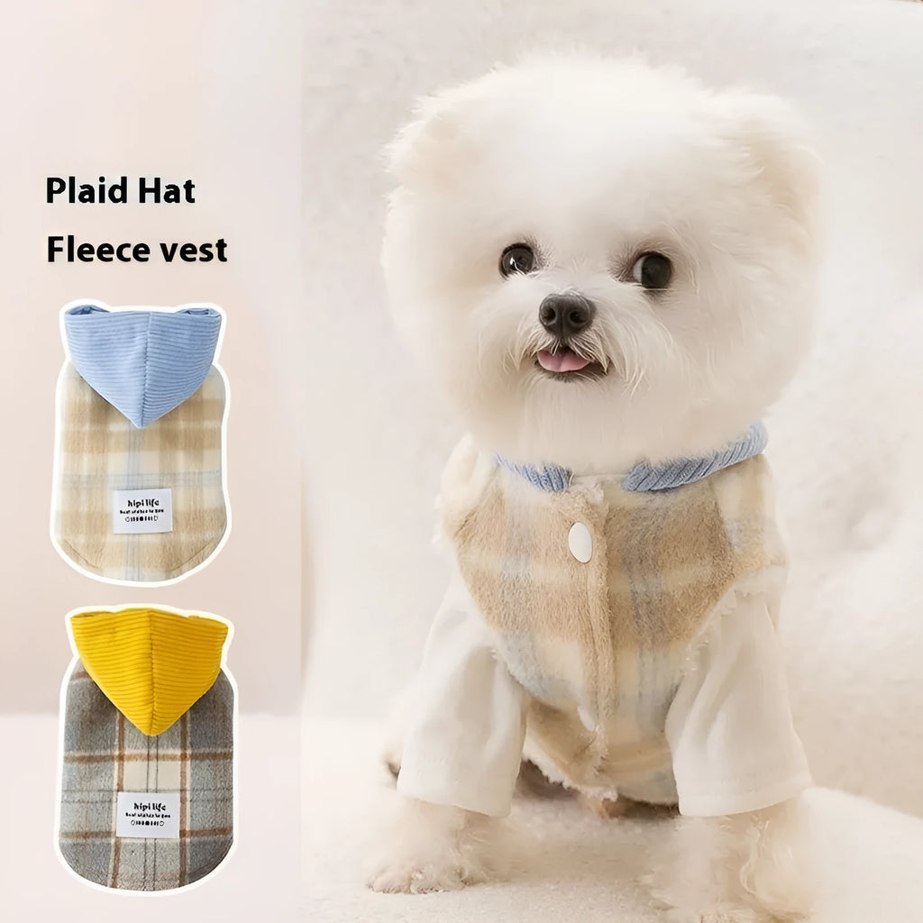 Blue hooded chessboard grid corduroy dog vest with traction styling for autumn winter wear