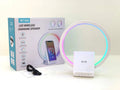 White circular smart Bluetooth speaker with wireless charging pad and ambient light, 225mm diameter