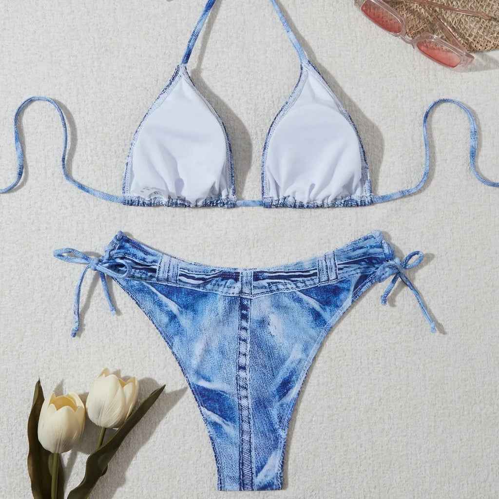 Women's denim blue printed bikini swimsuit with sexy strap design