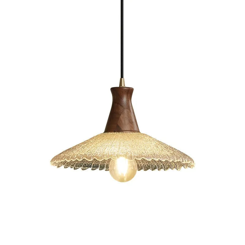 Retro wood and glass ceiling chandelier with brass finish for restaurant lighting
