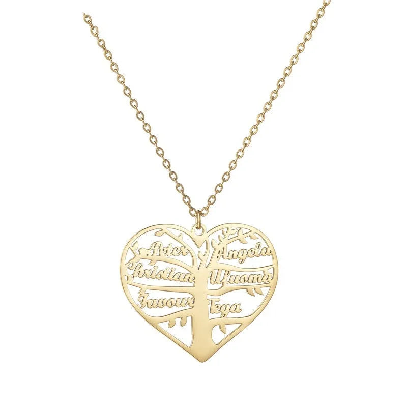 Custom stainless steel necklace with a life tree and hollow heart pendant engraved with names, shown in silver finish.