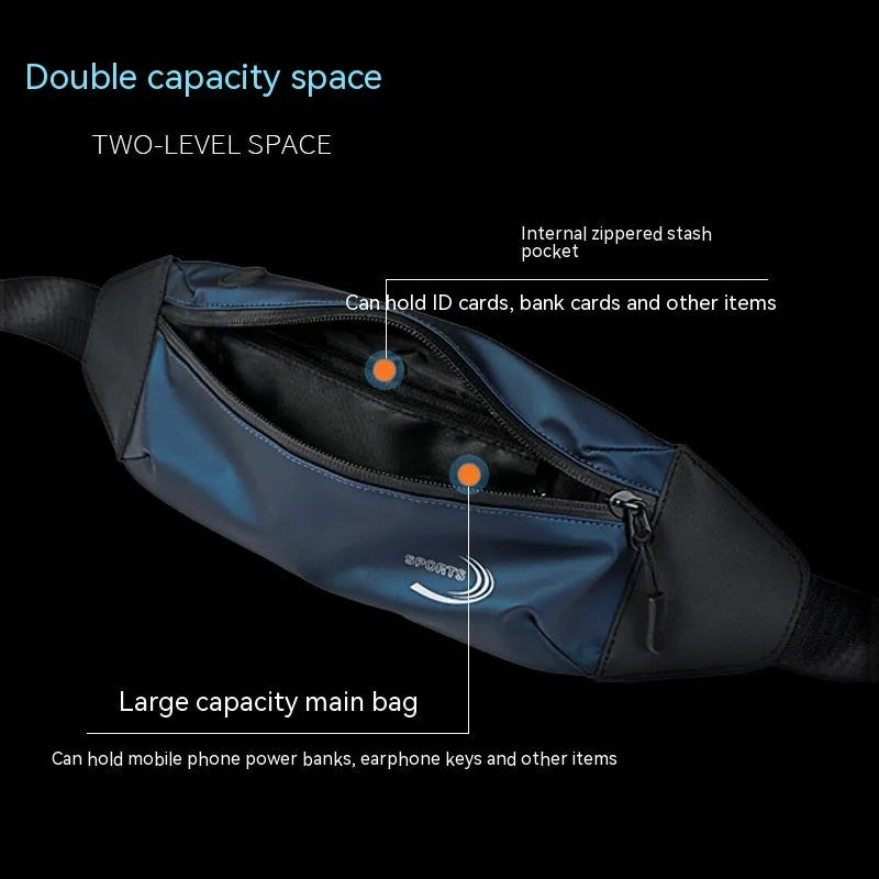 A man's waterproof polyester waist bag in a solid colour, shown with its compact dimensions.