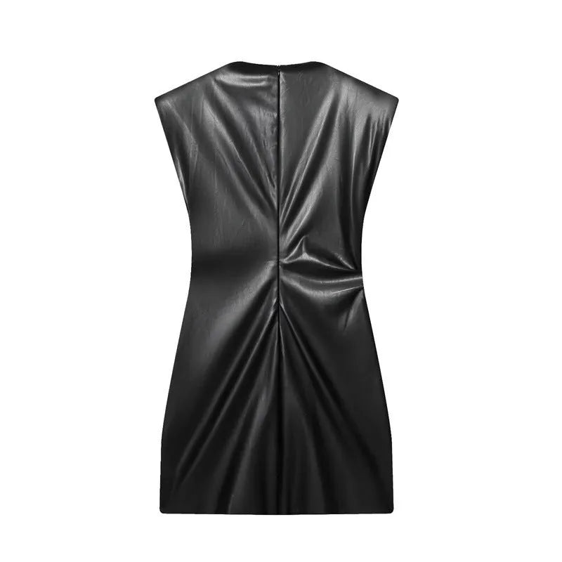 Black women's faux leather padded shoulder short dress with asymmetric hem and hooded design