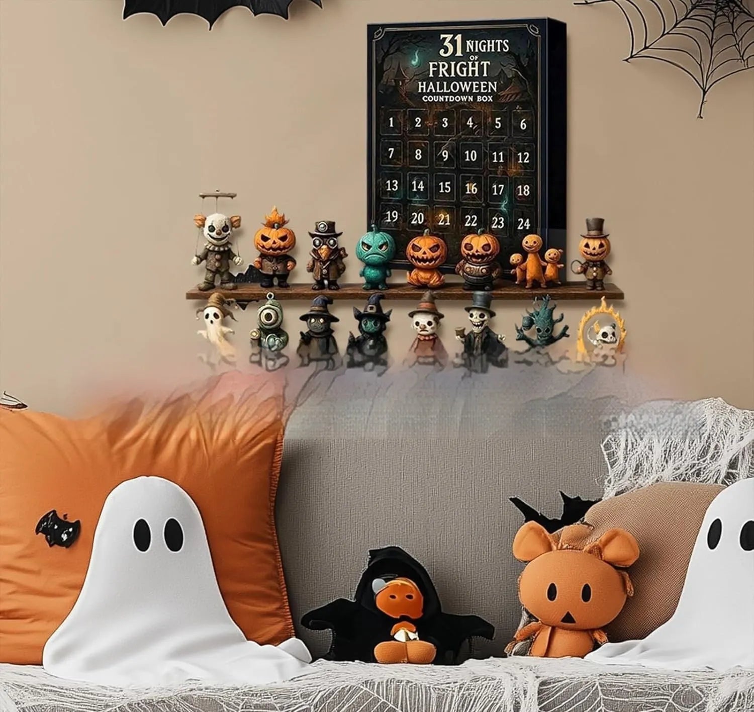 Halloween countdown calendar box with horror doll collectibles in resin and plastic construction
