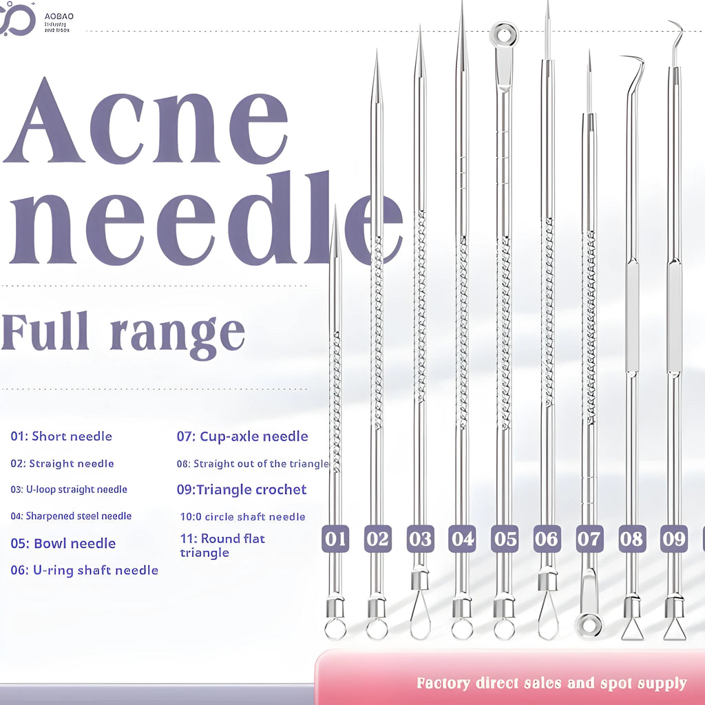 Four silver metal acne needles with pointed tips for skincare extraction