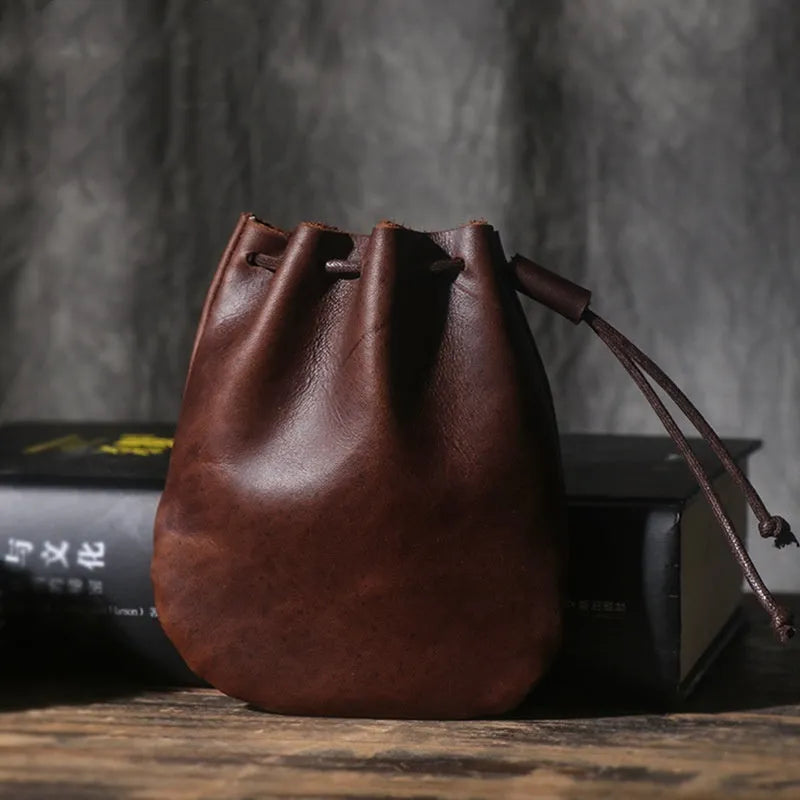 Vintage cowhide drawstring bundle wallet in genuine leather with sewing thread detail