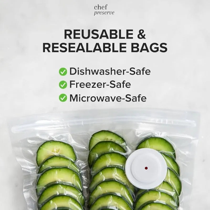 USB-powered electric suction pump with five plastic vacuum storage bags for food preservation