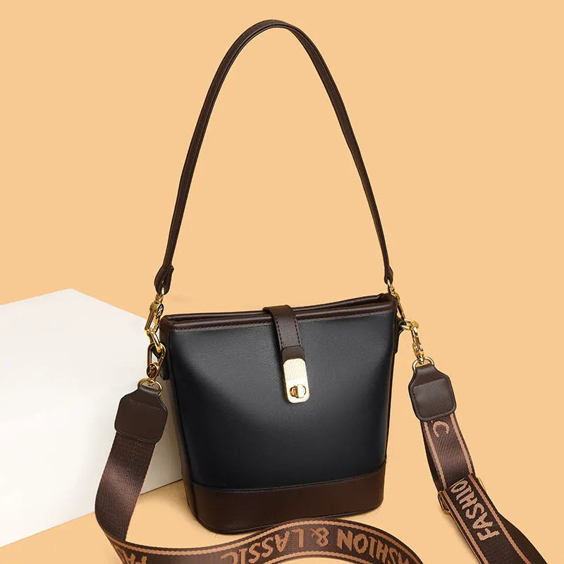 Korean style soft PU leather bucket messenger bag with dual straps in black colour