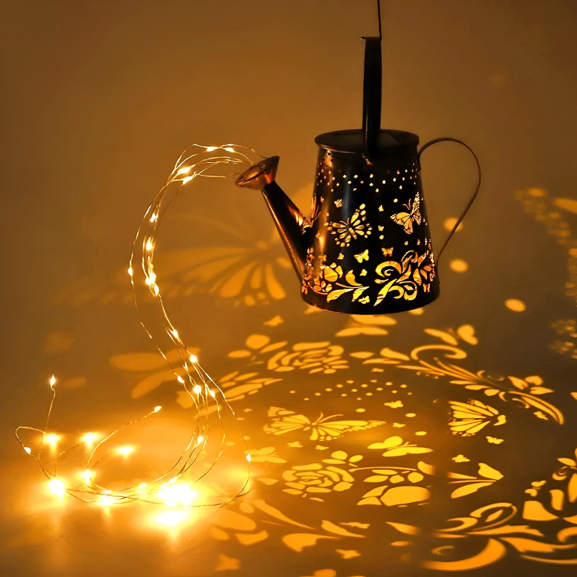 Butterfly pattern solar garden lamp with tapered iron construction and warm white LED lighting
