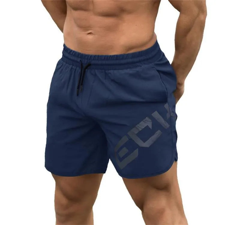 Men's black elastic waist knee-length quick-dry training shorts on a white background.