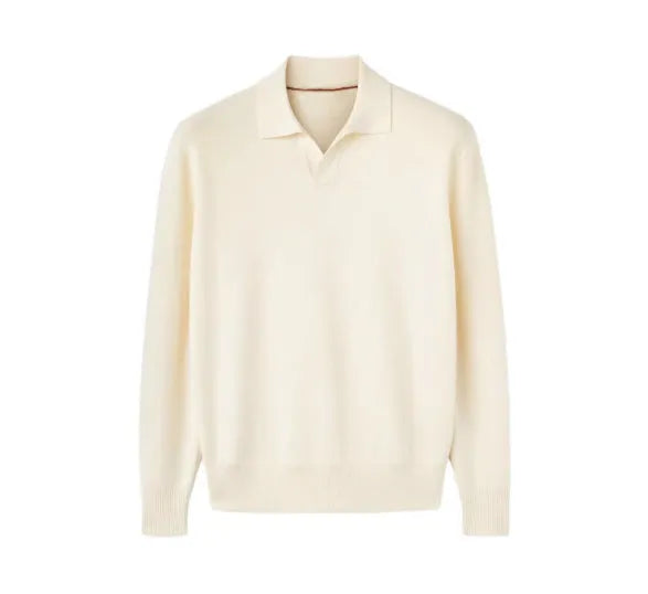 Man wearing a milky white pure wool polo sweater with a lapel collar and loose long sleeves.