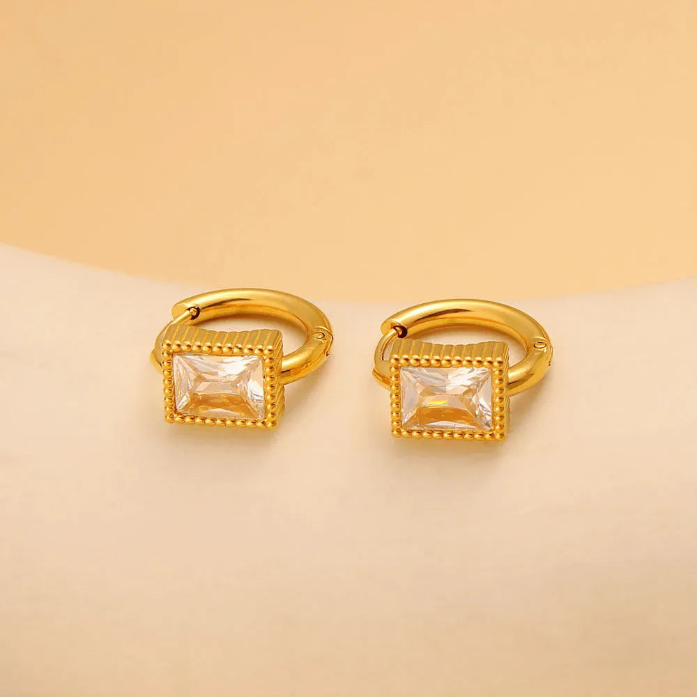 Square zircon stainless steel earrings with geometric design in white, black and green colours