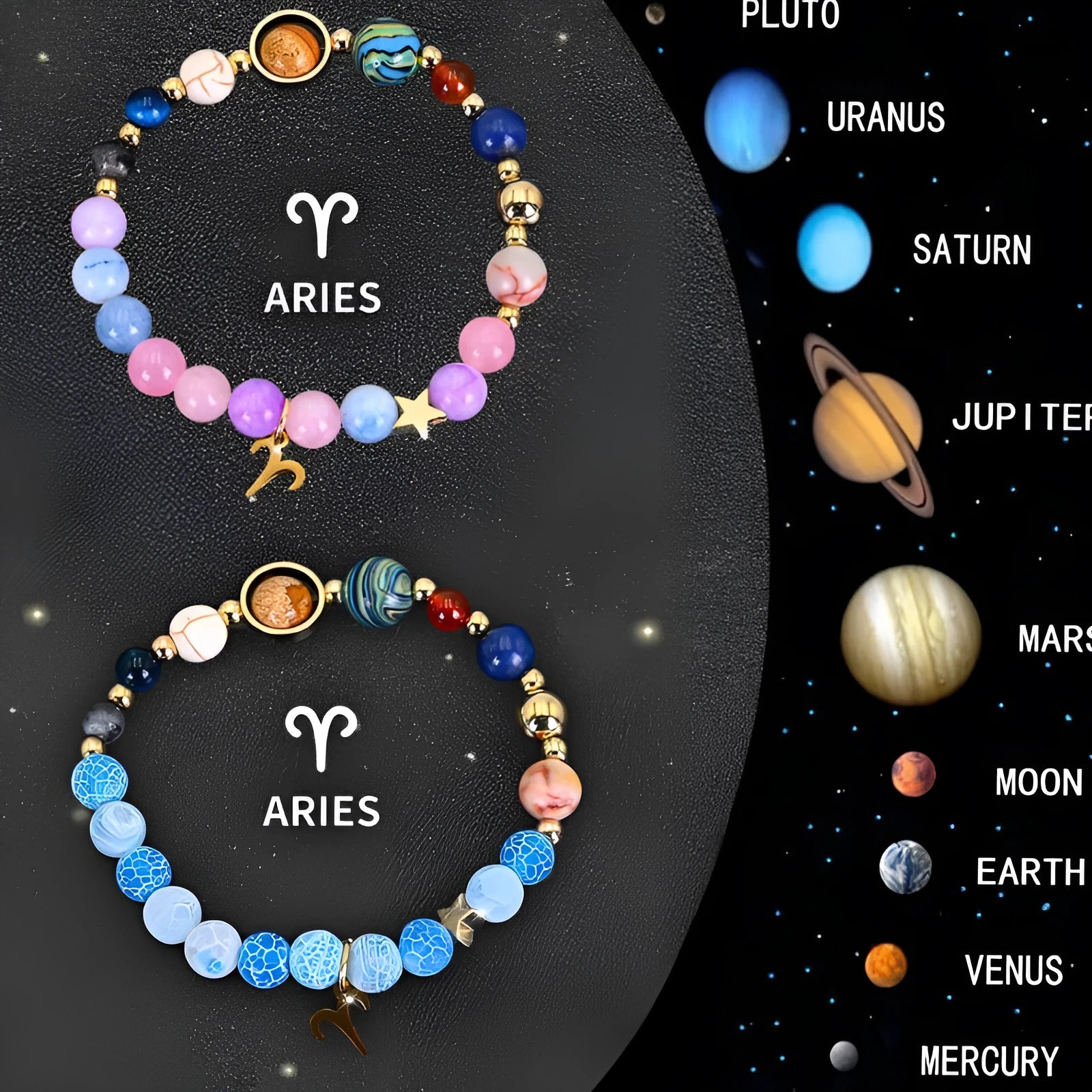Set of two natural stone beaded bracelets for zodiac signs on adjustable elastic strings.