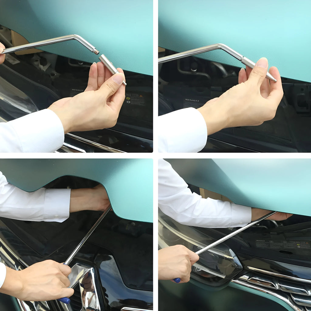 Three-piece automotive dent repair crowbar tool set in alloy steel for bodywork maintenance
