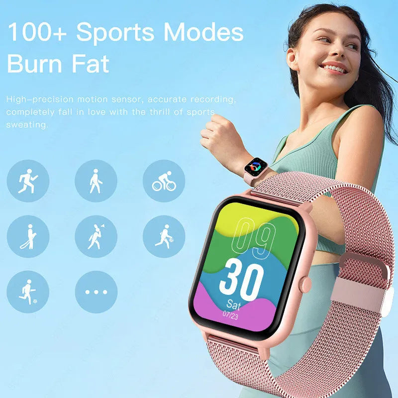 Smart watch with AMOLED display showing health metrics including heart rate, blood pressure and blood oxygen readings