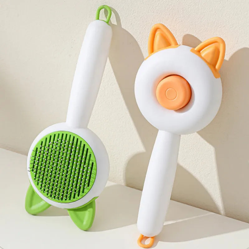 Self-cleaning pet hair removal massage comb with stainless steel teeth in greenish white colour