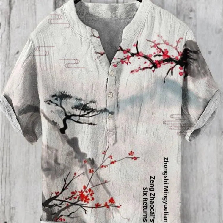 Man wearing a short sleeve shirt with a colourful 3D digital animal print design on the front.