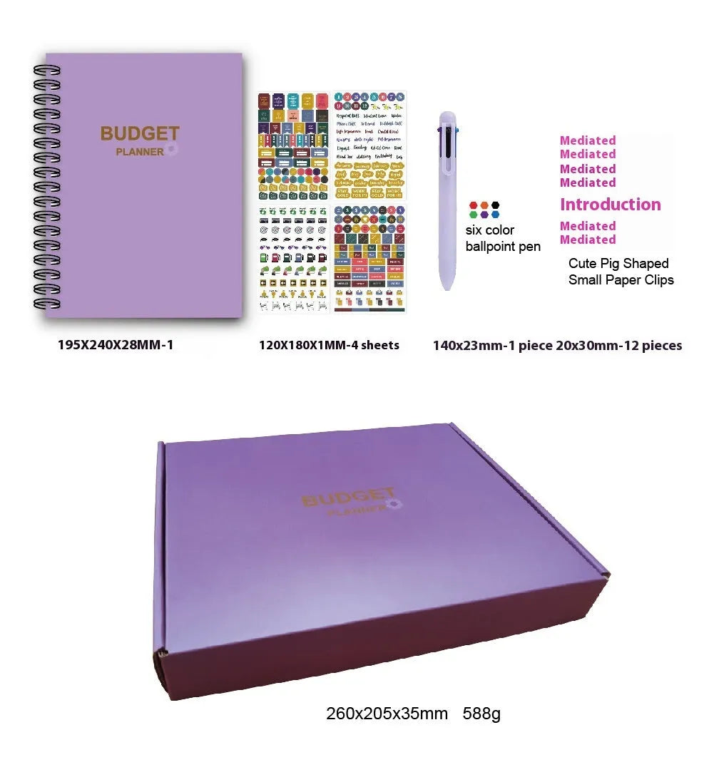 J12 purple coil-bound financial planning notebook with budget stickers and paper clips