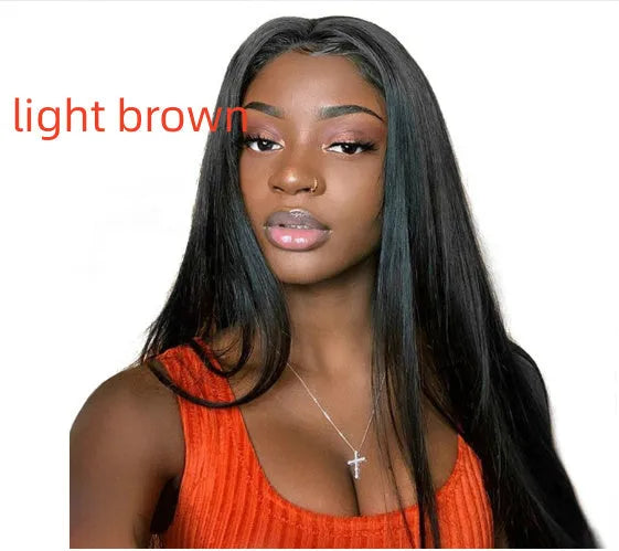 Long straight black wig with centre-parted bangs on a mannequin head