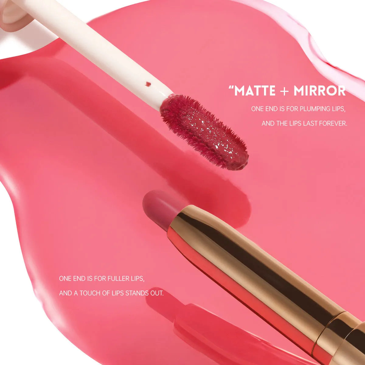 Double-headed lipstick and lip gloss set showing matte finish, available in ten different colour options.