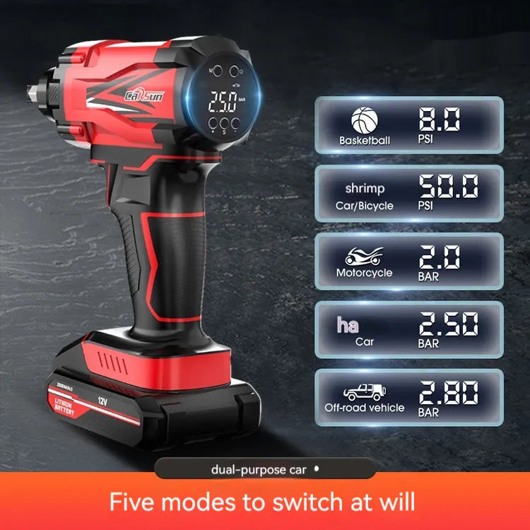 Red and black car wireless air pump with nozzles and power cables for tyre inflation