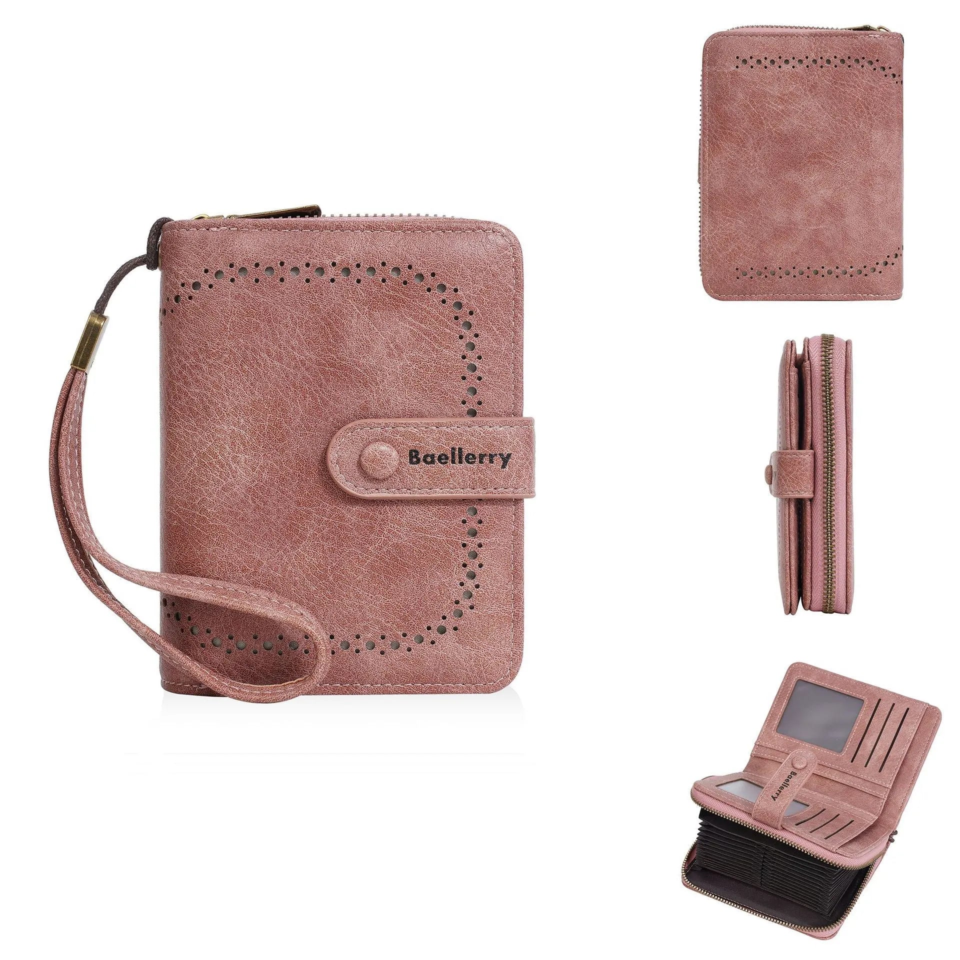 Women's black PU zipper coin purse showing integrated card slots and compact design