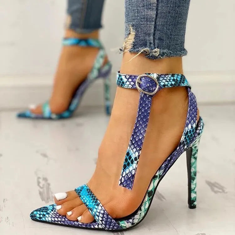 Blue artificial PU leather heel shoes with buckle closure in European sizes 34-43