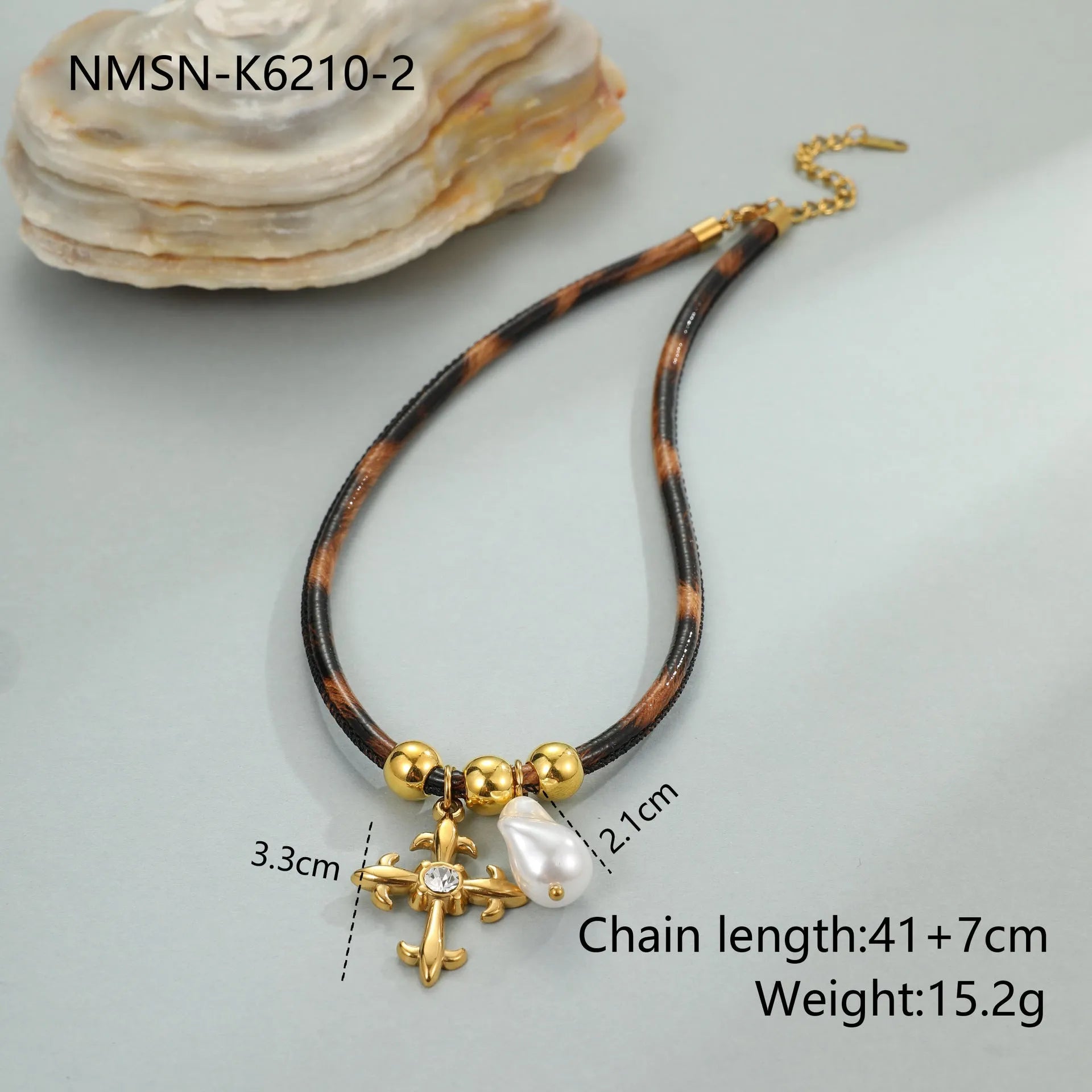 Women's geometric leopard pattern stainless steel necklace with gold electroplated finish on adjustable chain