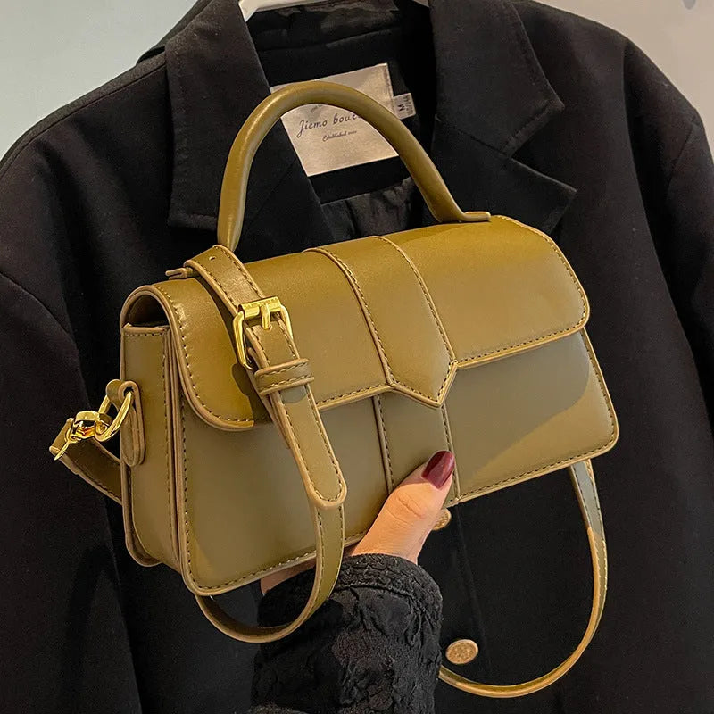 Women's beige PU leather horizontal square messenger bag with crossbody strap and external pocket