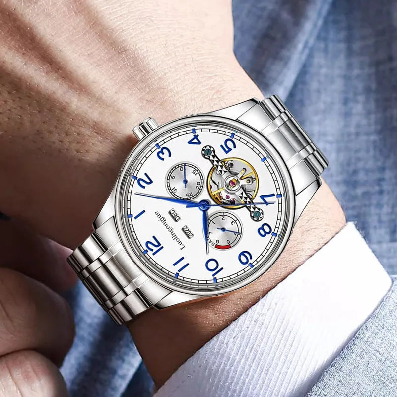 Business men's mechanical watch with hollow dial, stainless steel case, and leather strap
