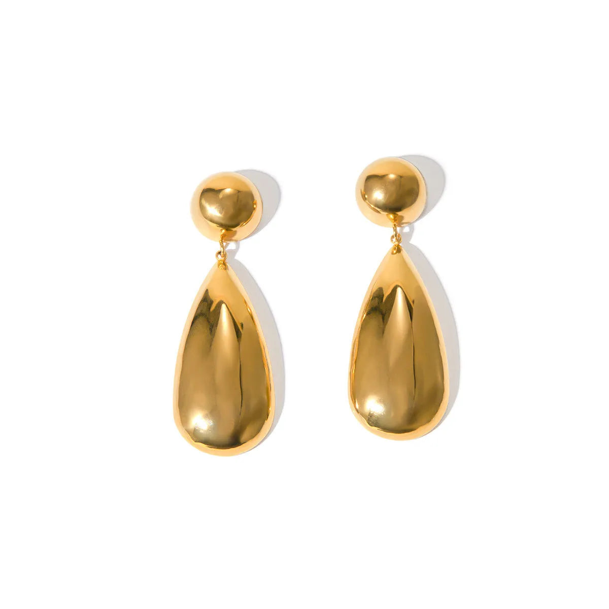 Gold stainless steel water drop pendant earrings with geometric hemisphere design