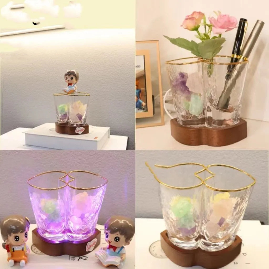 Heart-to-heart transparent crystal glass night lamp on beech wood base with USB cable